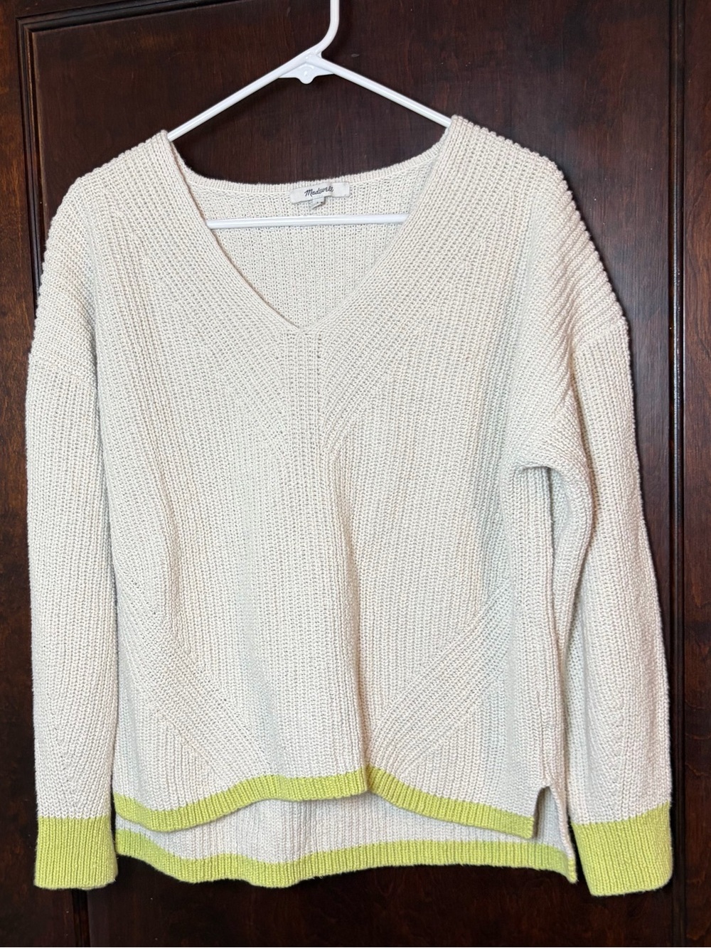 Madewell Sweater Large V-neck Ribbed Pullover Lime Green Trim Cuffs Hem Cotton